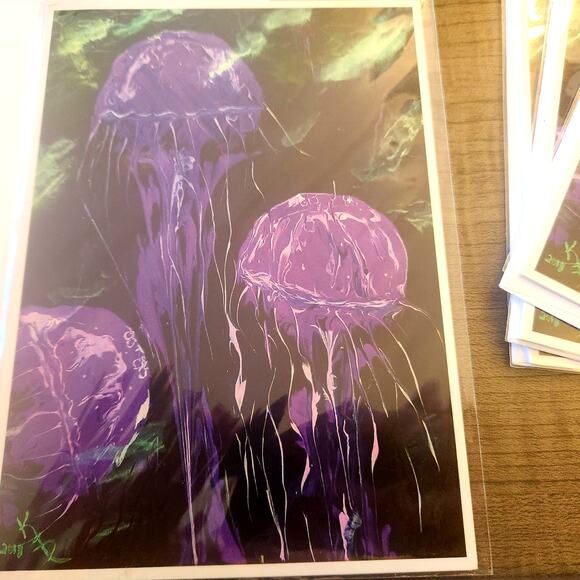 Purple Jellyfish 5"x7" Greeting Cards Set of 4 Acid Free Art Print Abstract - Picture 2 of 6